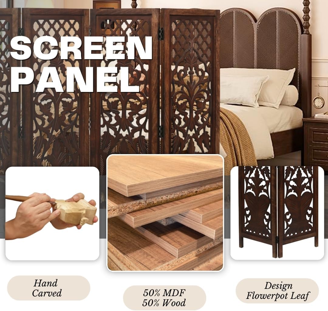 Room Divider Wood Screen Panel – Burnt Brown, 4-Panel Folding 64"x54", Hand-Carved, Reversible Privacy Partition, Decorative & Functional Portable Room Divider for Home or Office