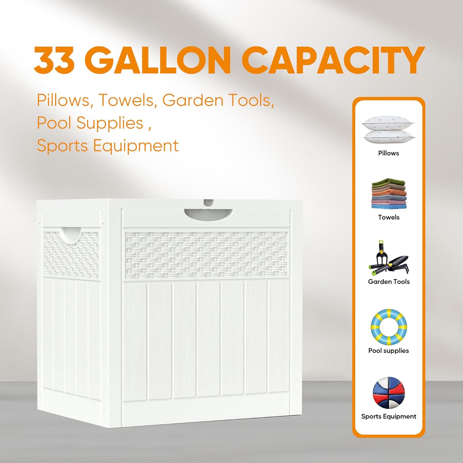 33 Gallon Resin Deck Box, Weatherproof Outdoor Storage Box for Patio, Garden and Yard, Lockable Waterproof Bin for Tools, Cushions, and Accessories, White