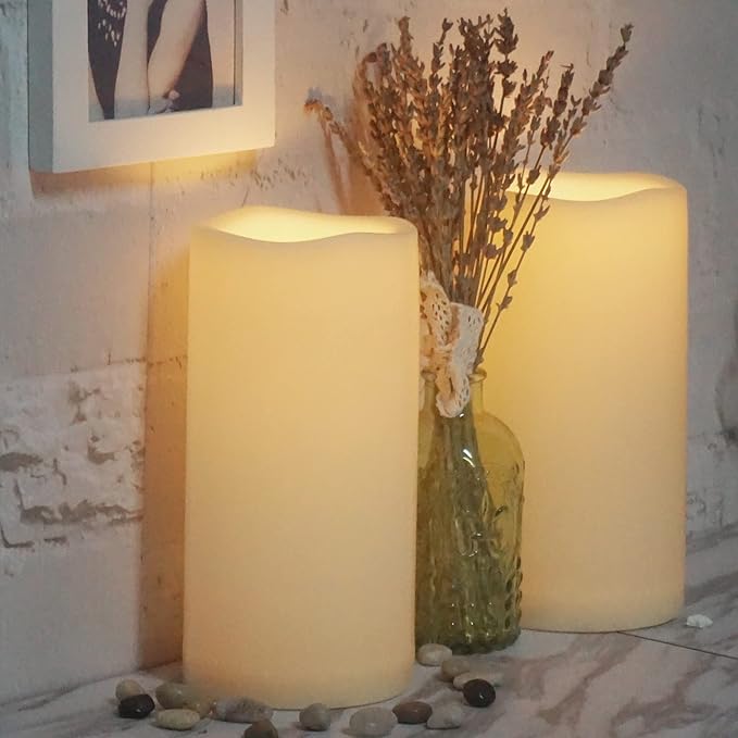 CANDLE CHOICE Waterproof Outdoor Battery Operated Flameless Candles with Timer Large Plastic Resin Bright Flickering Electric LED Pillars Lantern Garden Wedding Christmas Decorations 4”(D)x8”(H) 2 PCS