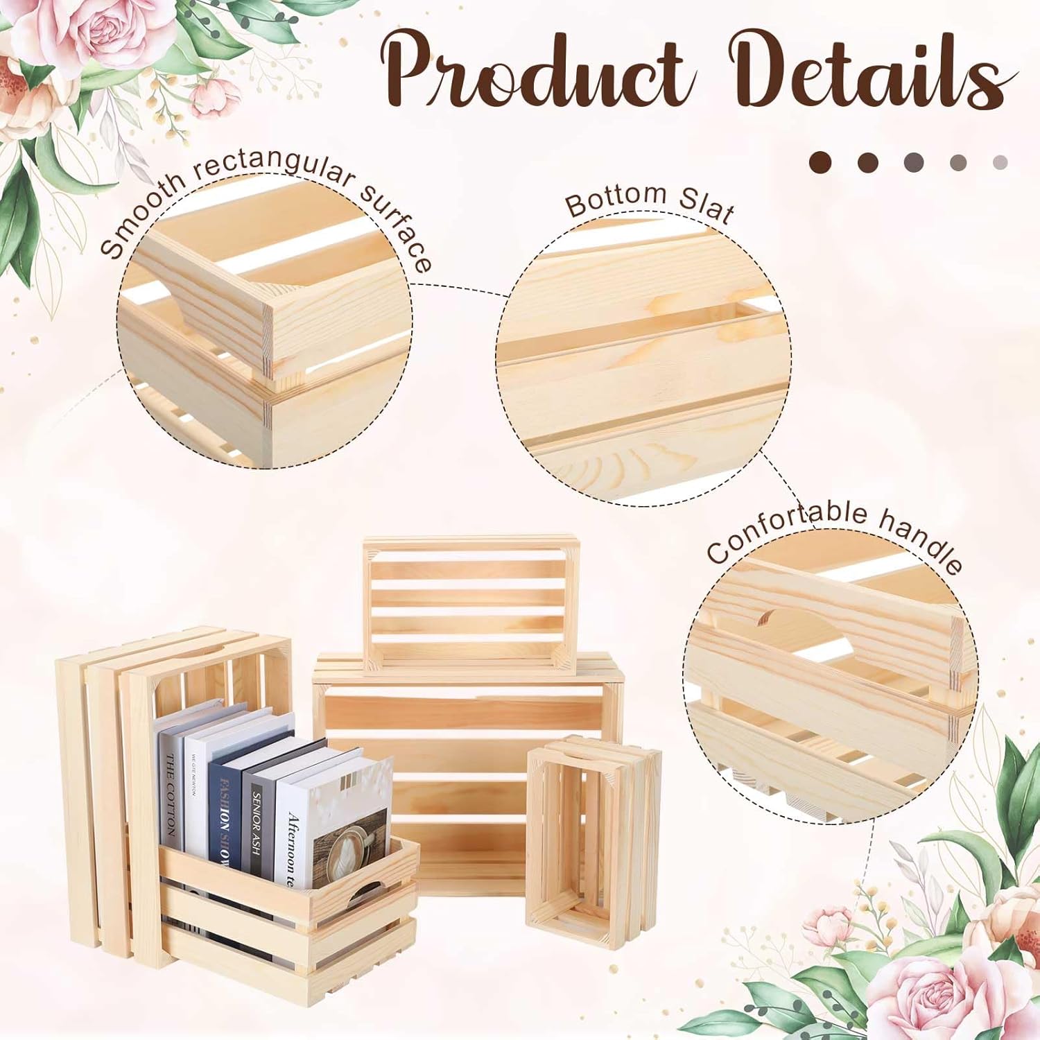 Soaoo 5 Pcs Decorative Nesting Wooden Crates for Storage Display 5 Size Large Small Rustic Wood Decorative Storage Crates with Handle Farmhouse Crate Box Container Made from Pine(Natural Color)