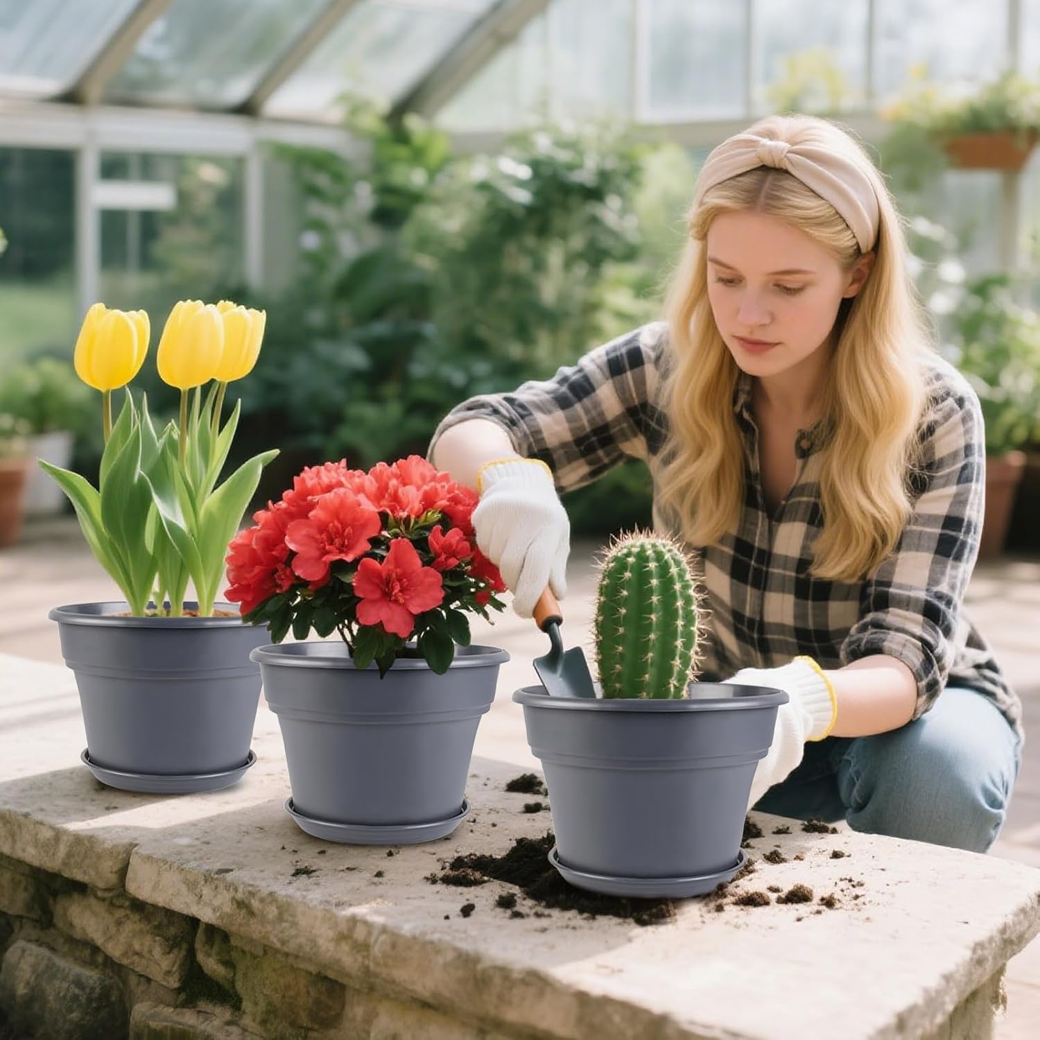 10-inch-Plant-Pots-Indoor-Outdoor, 4 Pack Plastic Planters with Drainage Holes & Saucers, Resin Flower Pots with Trays, Classic Garden Pot Container for House