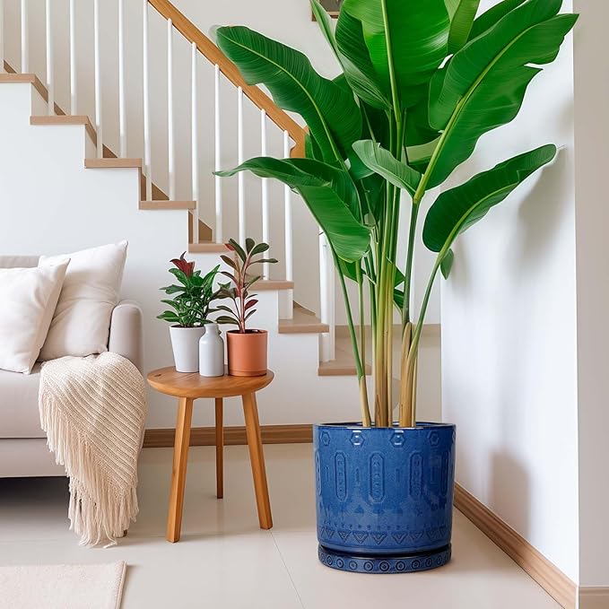 12 Inch Pot for Plants - Ceramic Planter for Indoor Plants Large Plant Pot with Drainage Holes and Saucer Outdoor Flower Pot Decorative Round Planter for Porch Office Decor Blue