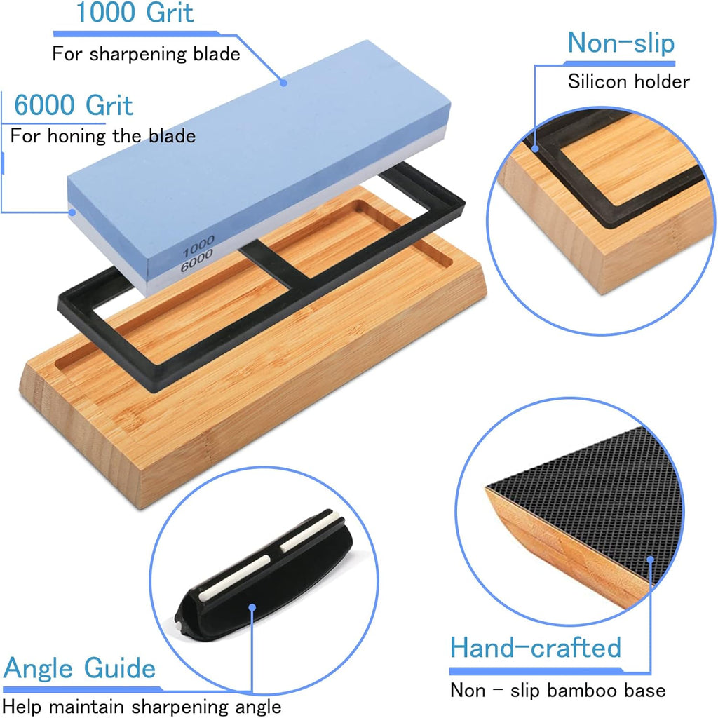 Whetstone Knife Sharpening Stone Kit - Double Sided Whetstone Knife Sharpener 1000/6000 Grit, Professional Honing Sharpening Stone Set With Slip-Resistant Bamboo Base and Angle Guide