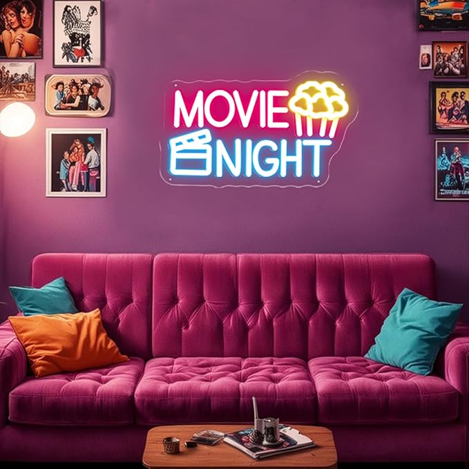 Movie Night Neon Sign With Popcorn Dimmable LED Neon Lights for Wall Decor USB Powered Light Up Signs for Bedroom Living Room Cinema Film Room Man Cave Home Bar Wedding Birthday Party