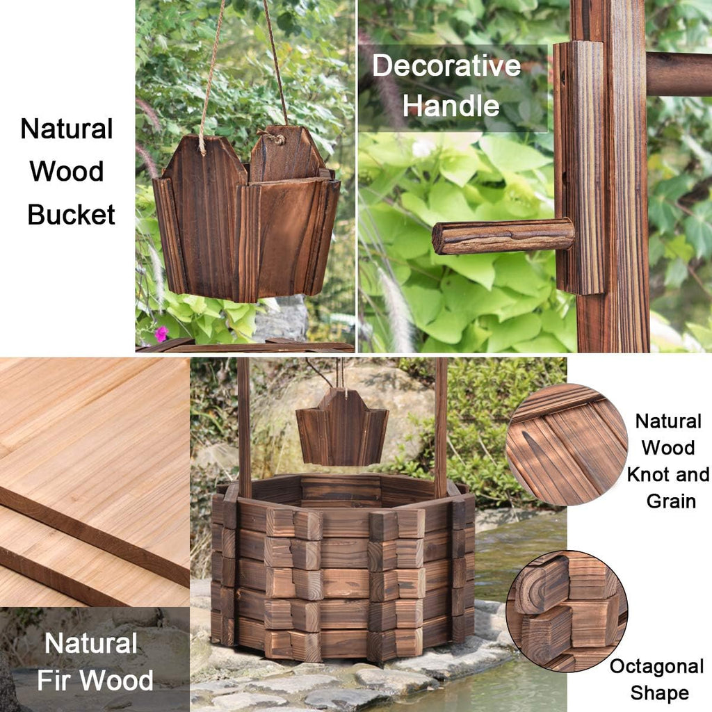 S AFSTAR Outdoor Wishing Well Planter, Wooden Rustic Flower Planter w/Hanging Bucket, Outside Decorations for Yard Garden Patio