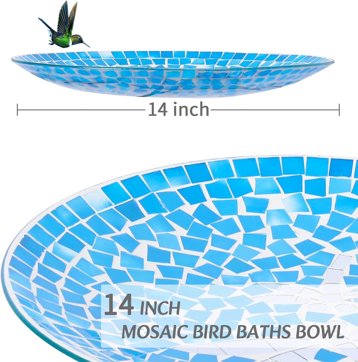 MUMTOP Mosaic Glass Bird Baths, 14 Inch Width Outdoor Garden Dragonfly Bird Bath Bowl with Metal Stand, Unique Glass Birdbaths Bird Feeder for Yard Decor, 19.68 Inch Height