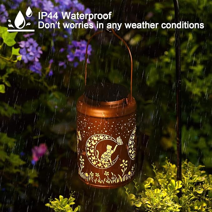 Solar Lanterns Outdoor Waterproof - Cat Garden Decor Birthday Gifts for Women Mom Grandma Hanging Solars Lights Metal Solar Lantern for Outside, Patio, Outdoor, Yard, Backyard, Porch