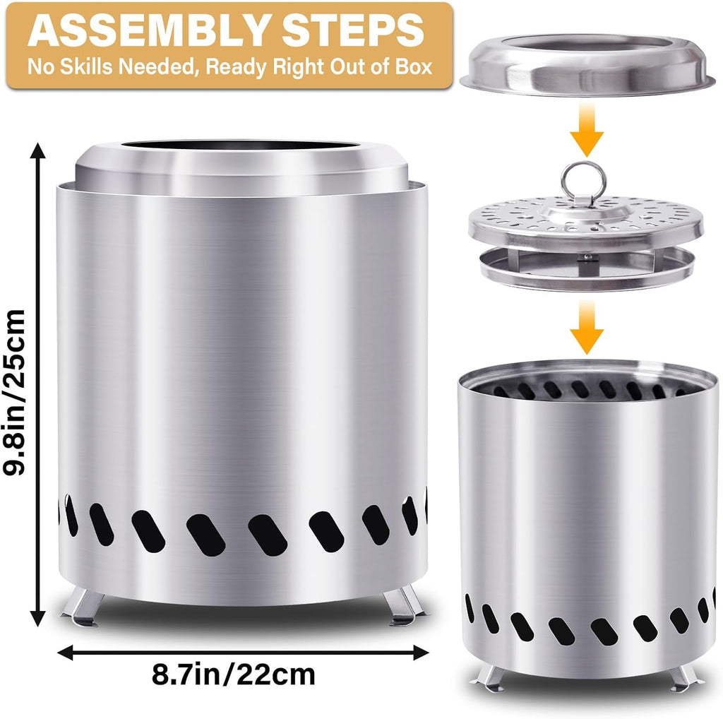 HGD 9.8 x 8.7 in Small Tabletop Fire Pit, Portable Mini Smokeless Table Top Firepit, Low Smoke Camping Stove for Outdoor & Patio, Fueled by Pellets or Wood, with Travel Bag, Stainless Steel, Silver