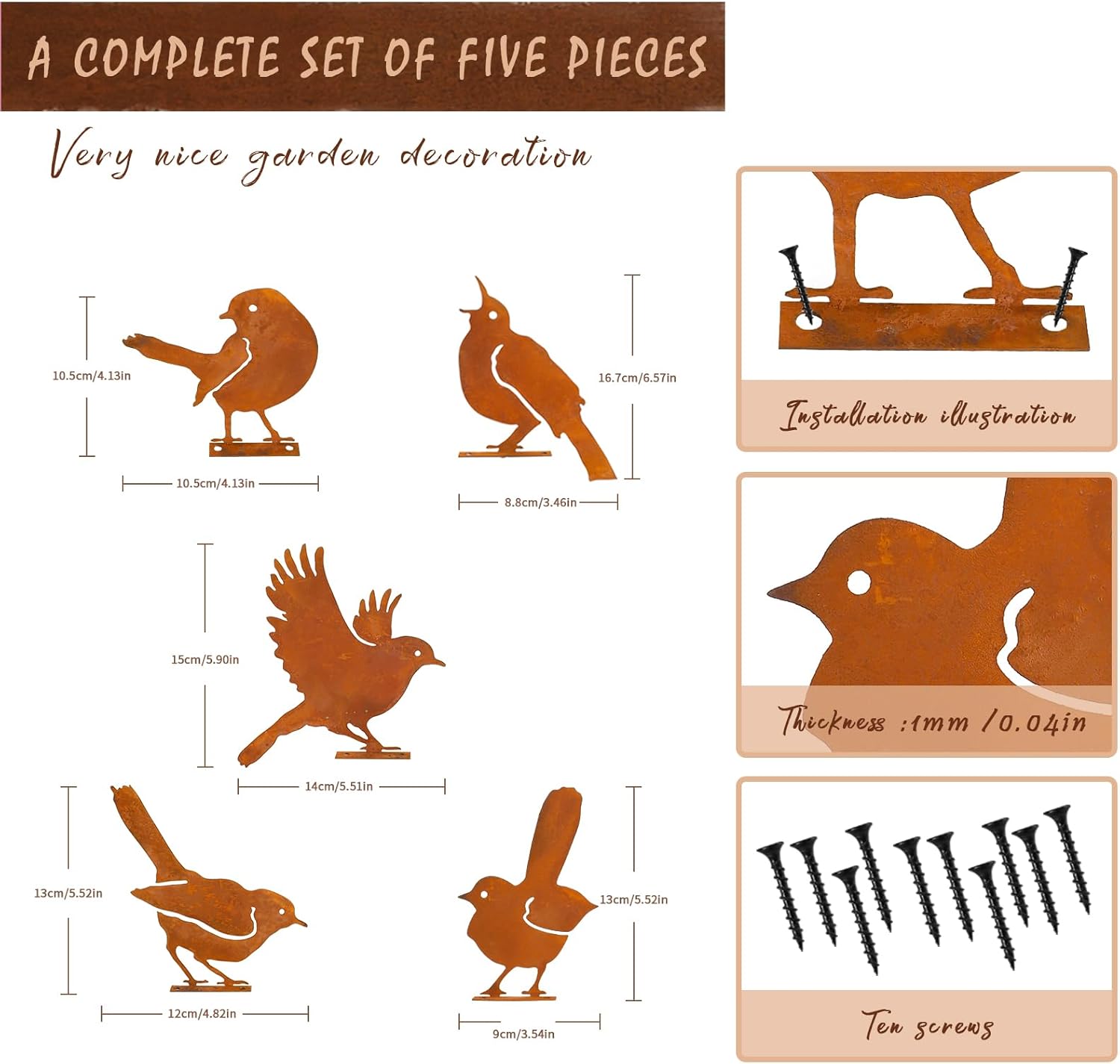 Nbippiooiwip Five-Piece Rustic Outdoor Bird Garden Sculpture Set, Metal Wall Art Bird Ornaments Ideal for Garden Stakes, Fields, Parks, Hotels, and Bird Enthusiasts Rustic Style