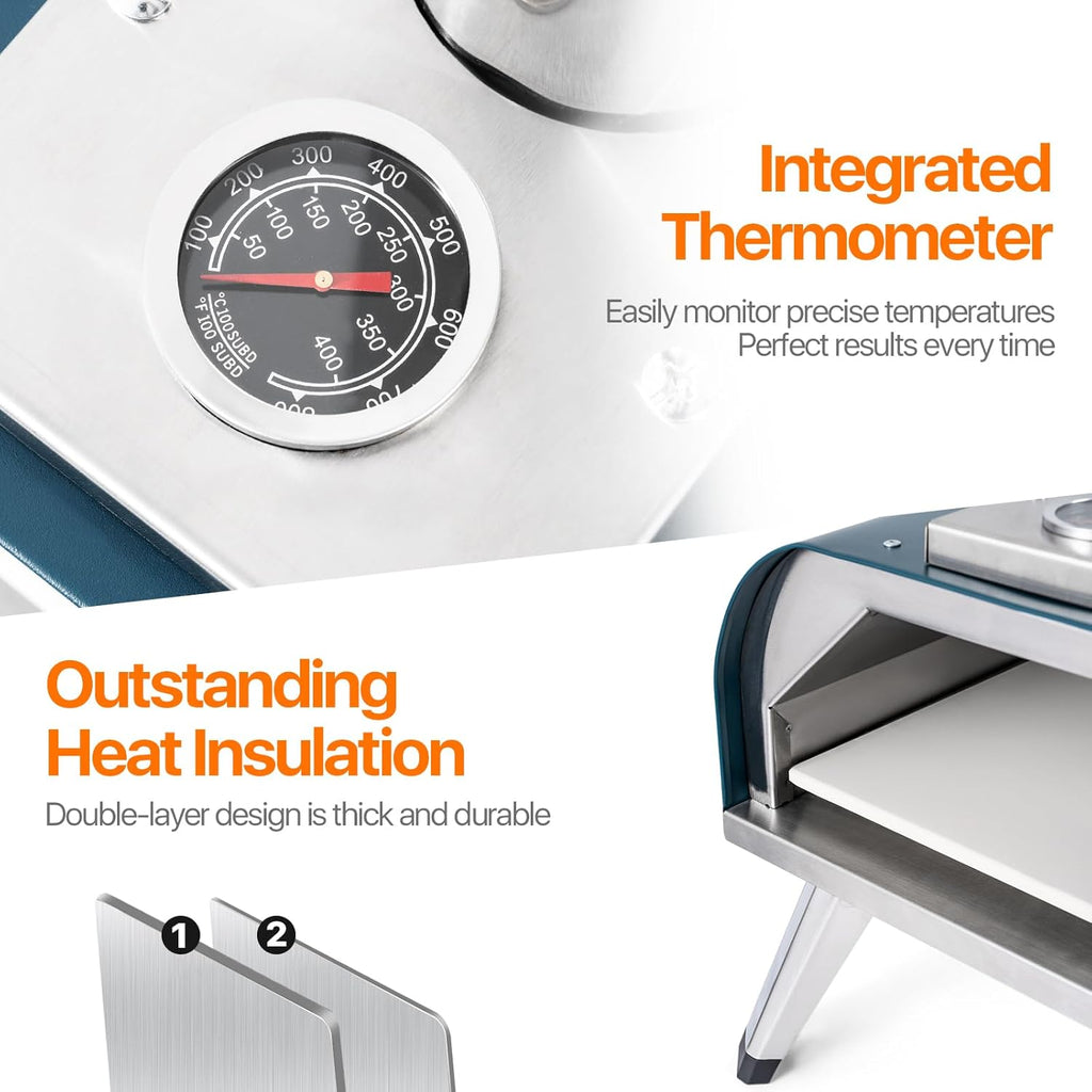 Pizza Oven 13 Inch Outdoor Wood Fired Portable Stainless Steel Pizza Oven with Pizza Stone for Family Outside Cooking Camping Backyard BBQ Pizza Maker Garden Kitchen(Blue-gery 13IN)