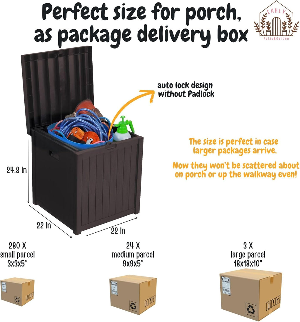 Deck Box, 51 Gallon Front Porch Package Bin Delivery Box for Outside, Small Patio Outdoor Storage Boxes Waterproof, UV Resistant Plastic Resin Pool Storage Bins with lids, Brown
