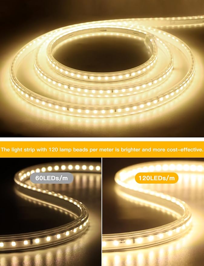 AIMENGTE LED Strip Lights Under Cabinet Lighting, Outdoor Led Lights Waterproof, AC 110V, 600LEDs, 3000k LED Rope Lights for Garden, Lawn, Kitchen Home Decor (16.4ft, Warm White)