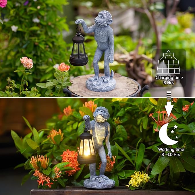 Garden Statue Monkey Figurine - Monkey Decor with Solar Powered Led Lights for Patio Lawn Balcony Yard - Ideal Gift for Women Moms Grandma Housewarming
