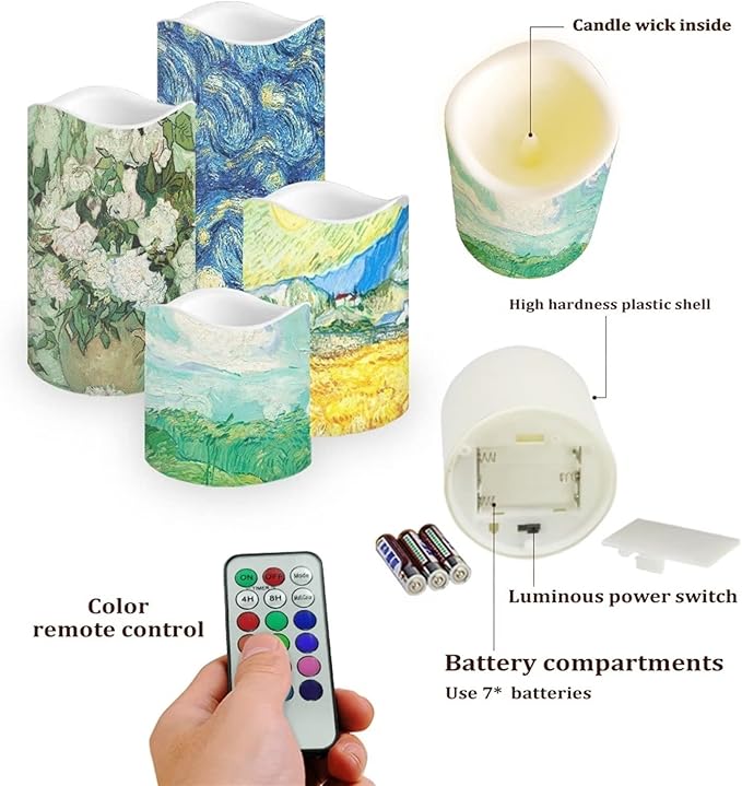Ystardream Art Work Candles Plastic Moving Flickering LED Candles with Remote Color Changing & Timer,4 Packs Won't Melt Candle for Room Decor Accessories for Christmas Halloween