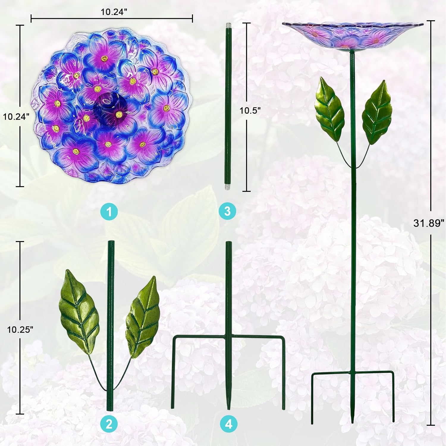 Glass Bird Baths for Outdoor, Garden Birdbath Bird Feeders Hydrangea Decor Birdfeeder with Metal Stake for Garden, Yard, Lawn, Courtyard