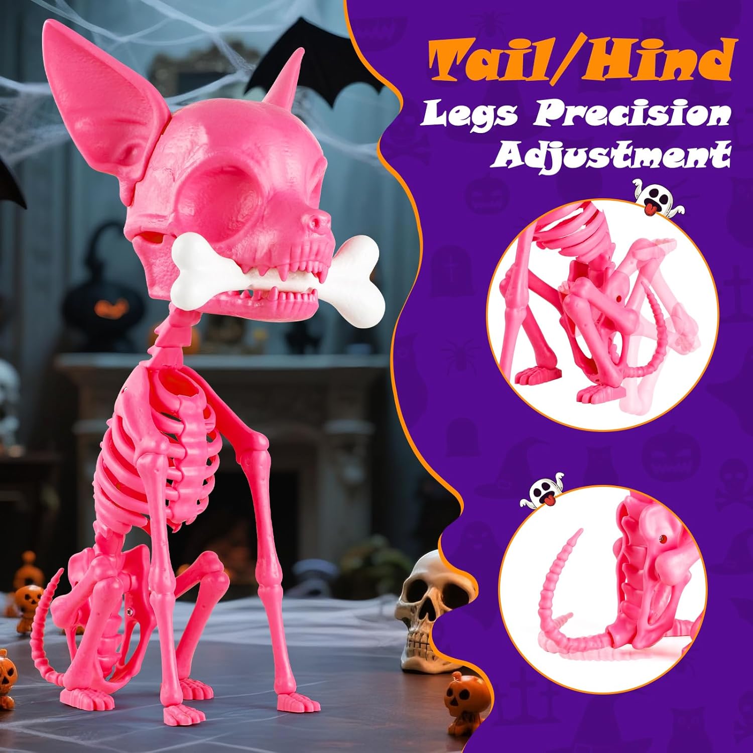 Quntis Halloween Skeleton Dog Decor - 15inch Pink Cute Puppy Bones - Realistic ABS Animal Skeleton for Outdoor Indoor Graveyard Party Display, 2025 Showstopper Halloween Decorations