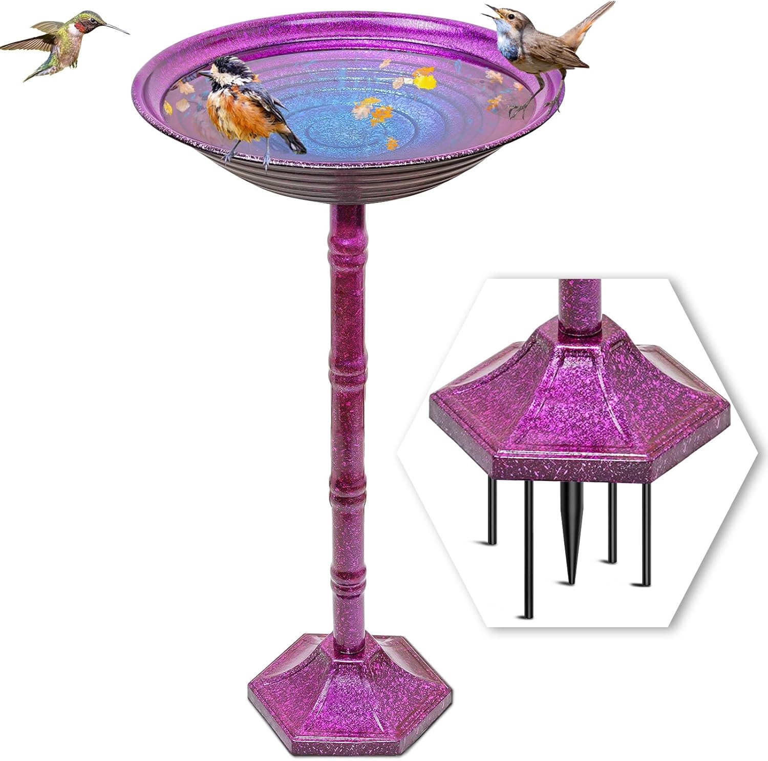 Metal Bird Bath for Outdoors, 28.4" Freestanding Garden Metal Birdbaths with Stable Upgrades Stake, Easy to Clean Birdfeeder for Outside Garden Yard Lawn Decor(Gradient Purple)