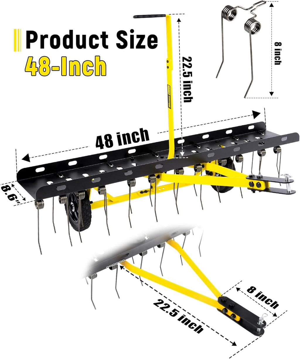 48 Inch Tow Behind Dethatcher, Pull Behind Lawn Dethatcher with 24 Spring Steel Tines, Grass Dethatcher, Removes Thatch, Riding Lawn Tractor for Large Lawns, Yard and Garden Care
