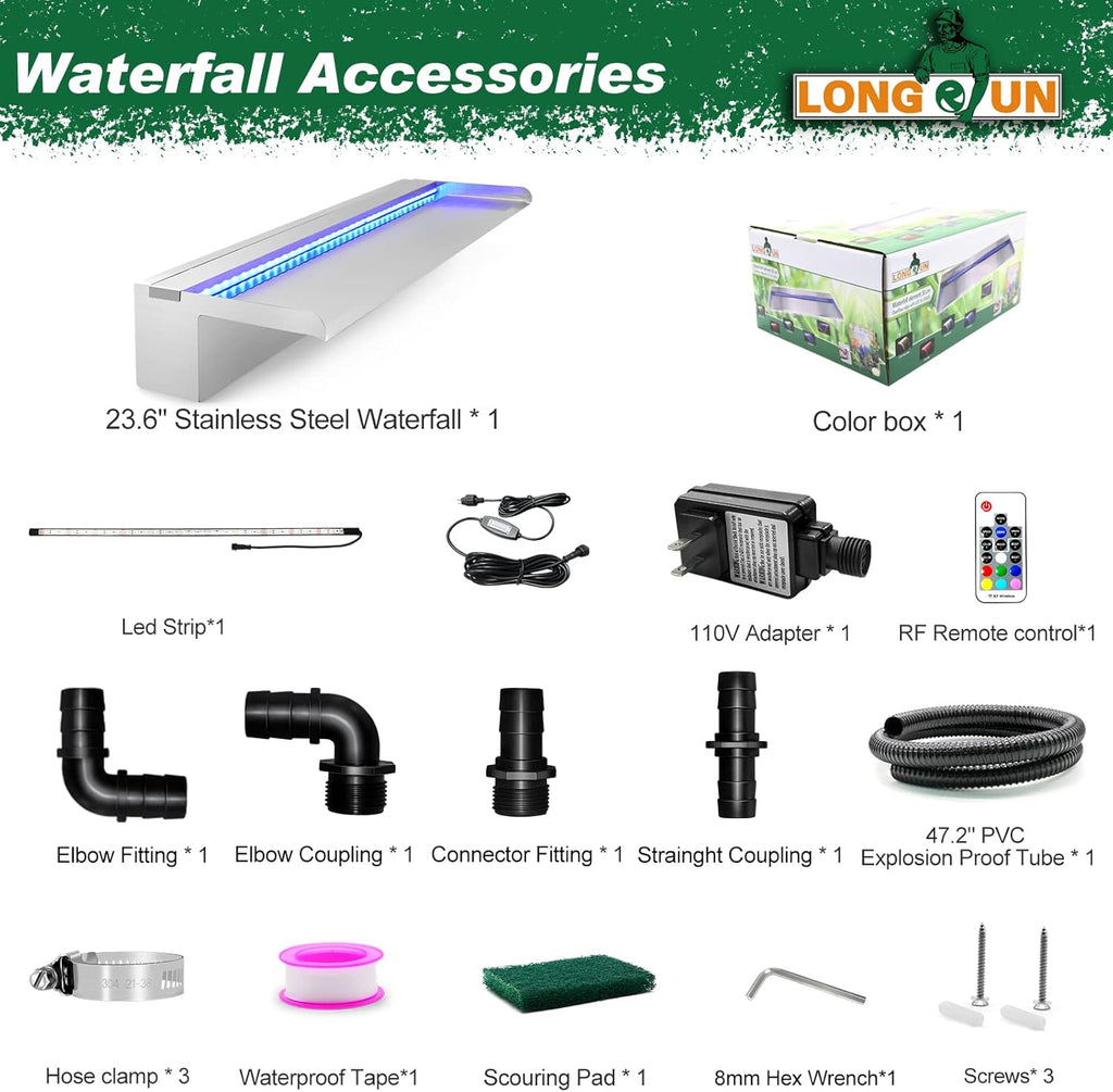 LONGRUN Pool Fountain Stainless Steel Outdoor Pond Spillway Waterfall with Wider Water Flow Platform Multi-Color LED Light Spray Indoor Waterfall Fountains for Garden-23.6" x 8" x 3.94"(W x D x H)