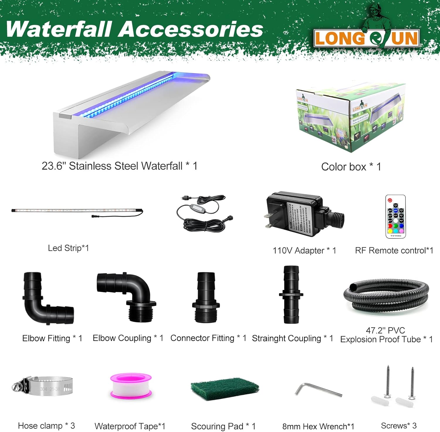 LONGRUN Pool Fountain Stainless Steel Outdoor Pond Spillway Waterfall with Wider Water Flow Platform Multi-Color LED Light Spray Indoor Waterfall Fountains for Garden-23.6" x 8" x 3.94"(W x D x H)