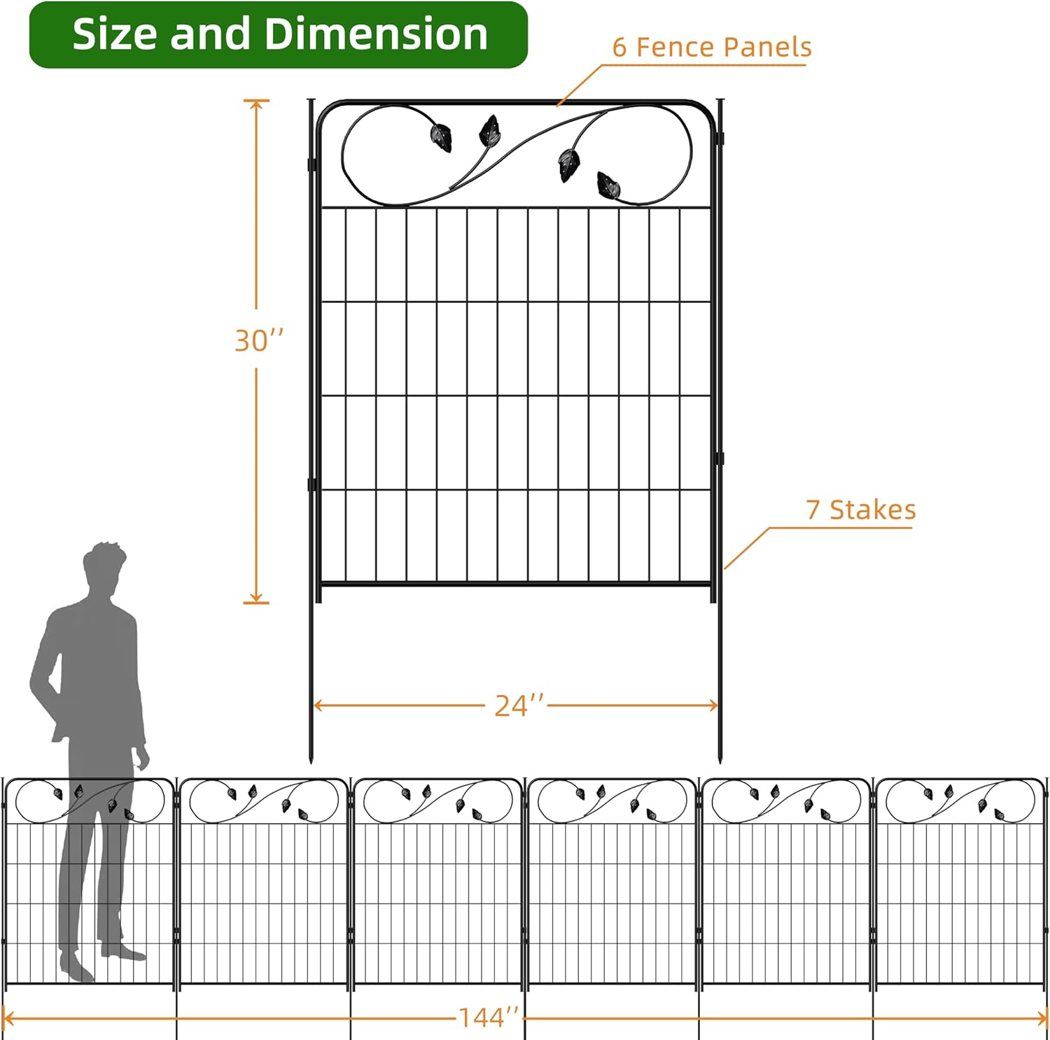 Decorative Outdoor Garden Fence 30in(H) X12ft(L) 6 Panels+7 Stakes Leaf Black Metal Garden Fencing for Landscape Lawn Patio, Temporary Animal Barrier Fences for Dogs