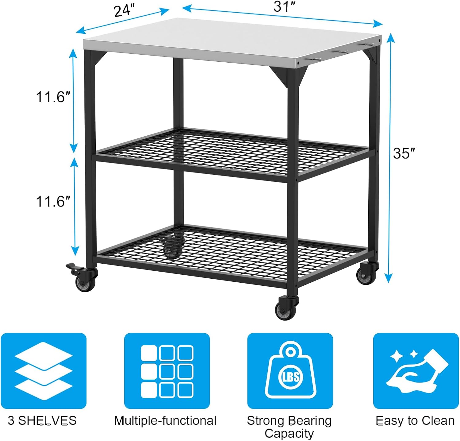 Outdoor Grill Cart 31x24x35 Pizza Oven Table for Ooni Blackstone Ninja Woodfire Flat-top Grills Stainless Steel Trolley Three-Shelf Movable Food Prep and Work Stand Table with Waterproof Cover