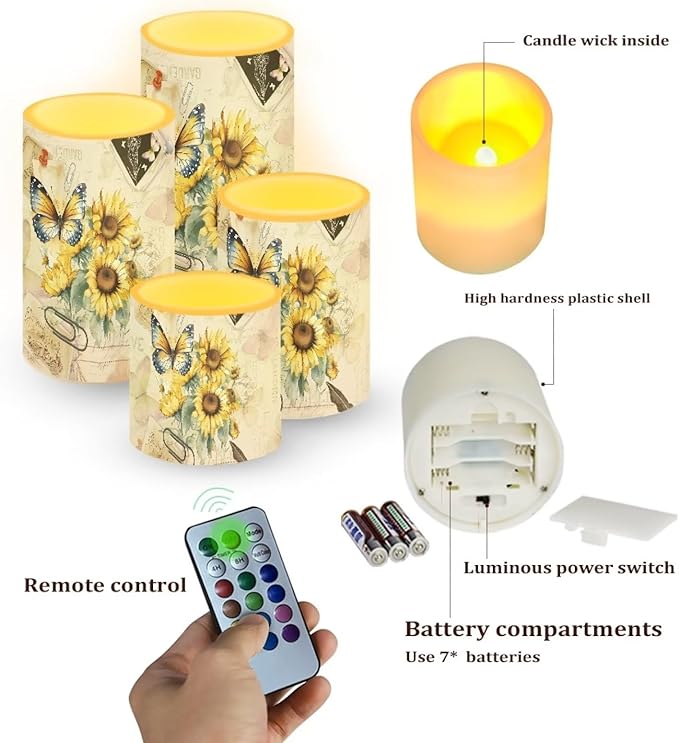 Flameless Candles Battery Powered LED Candles with Remote Timer Color Changing Control Long Lasting for Indoor Outdoor Home Table Decoration Set of 4, Butterfly Sunflower Retro