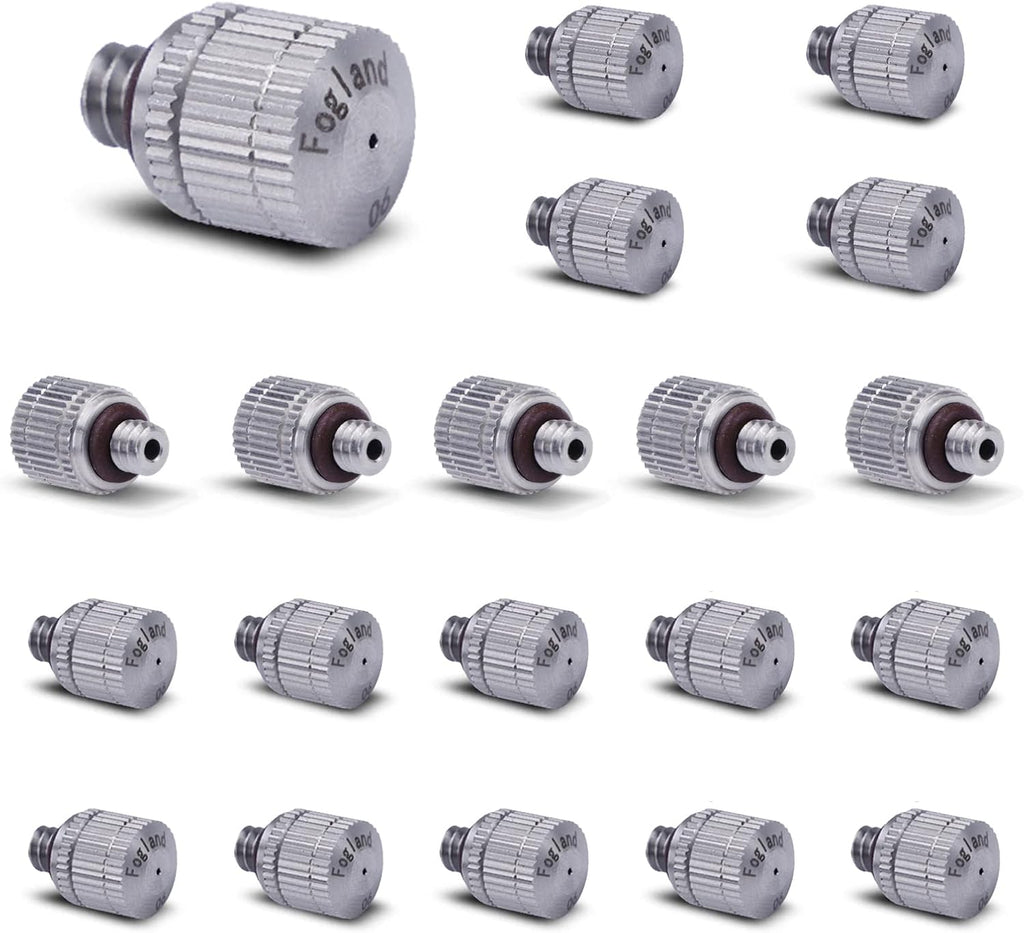 Fogland Misting Nozzles for Cooling System:20pcs Clogging-Prevent Cleanable Stainless Steel Mist Nozzles 0.024" Orifice 10/24 UNC for Patio Garden Trampoline