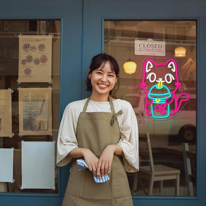 Cat Boba Tea Neon Sign,Cute Pink Kitty Bubble Tea Neon Signs for Wall Decor,Dimmable LED Neon Light Bar Sign,USB Light Up Signs for Kids Bedroom Dimsum Store Cofes Bar Milk Tea Shop