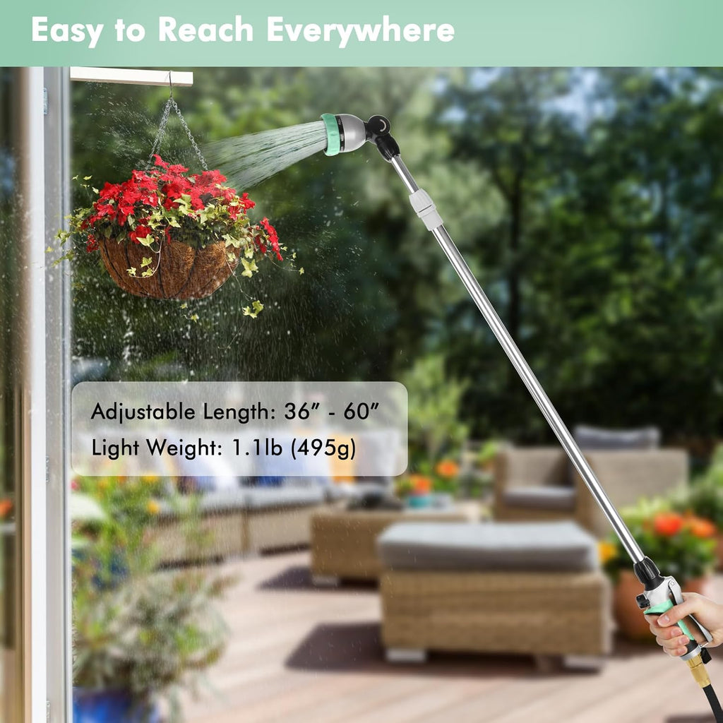 RESTMO 36”-60” Metal Watering Wand, Long Telescopic Tube | 180° Adjustable Ratcheting Head | 7 Spray Patterns | Flow Control, Garden Hose Sprayer to Water Hanging Baskets, Shrubs, Cyan