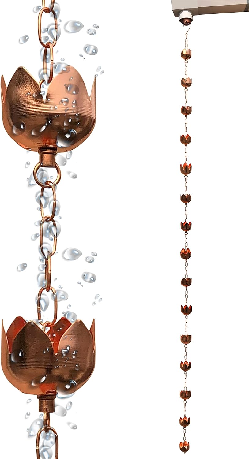 Rain Chains - Pure Copper Lotus Cup Rain Chains for Downspouts. 8.5 Feet Length. Free Gutter Adapter. Windchime and Fountains on Rainy Days.