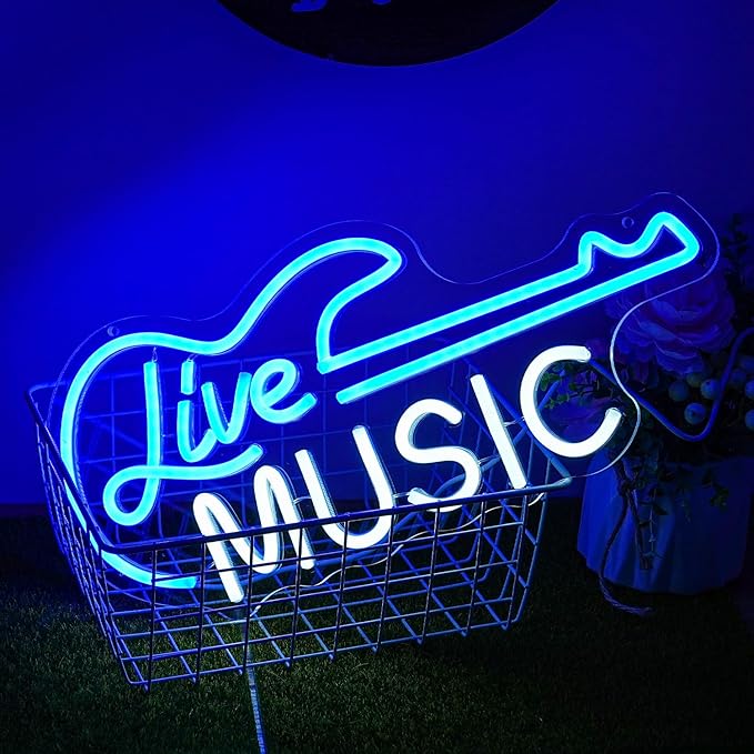 Guitar Neon Sign Blue White Live Music for Wall Decor Dimmable Guitar Led Light up Sign Letter Neon Signs Art Decorative Lights for Music Studio Live Streams Nightclub
