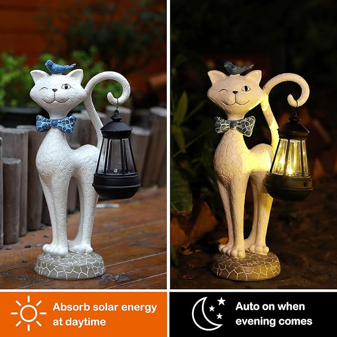 Solar Outdoor Garden Statues Light,Cat Figurines with Cute Birds Garden Sculpture Decor, Unique Christmas Gifts for Women, Men or Daughter, Housewarming Gifts and Yard Decoration