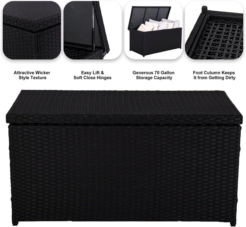 Outdoor 70 Gallon Wicker Storage Box with Waterproof Liner, Patio PE Rattan Storage Container for Outside, Deck Box with Hinged Lid for Cushions, Pillows, Towels, Horizontal Bin, Black