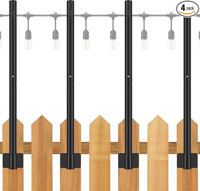 Suchtale 4 Pack 2.8 FT String Light Poles, Suspension Outdoor Fence Post Lights with Clip and Bracket, Outside String Lights Hanging, Wall Mounting Stand for Patio Garden Backyard Wedding Party, Black