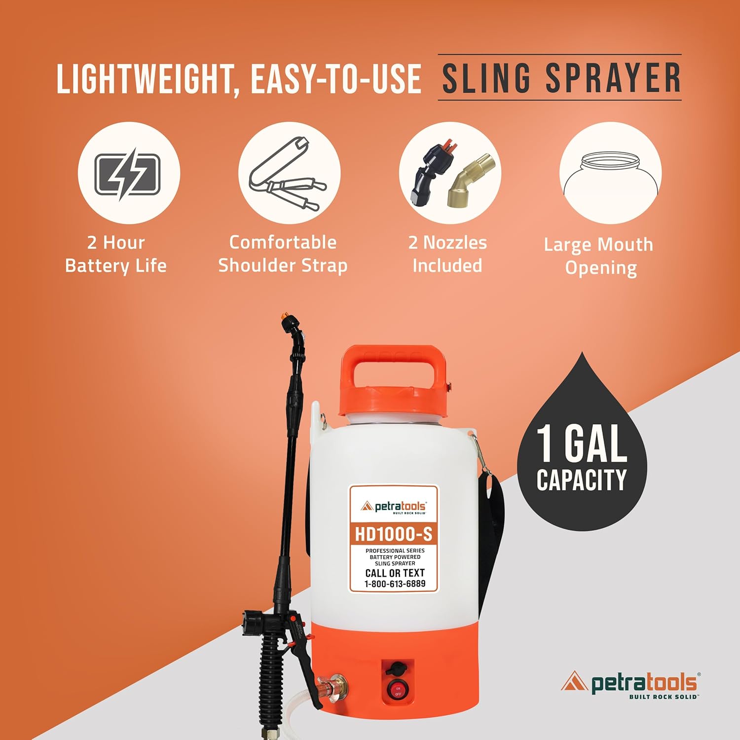 PetraTools Battery Powered Sprayer 1 Gallon - HD1000-S - Heavy Duty Electric Sprayers in Lawn and Garden for Weed/Pest Control, Watering & More - with 8 Nozzles & Strap (1 Gallon ProKit)