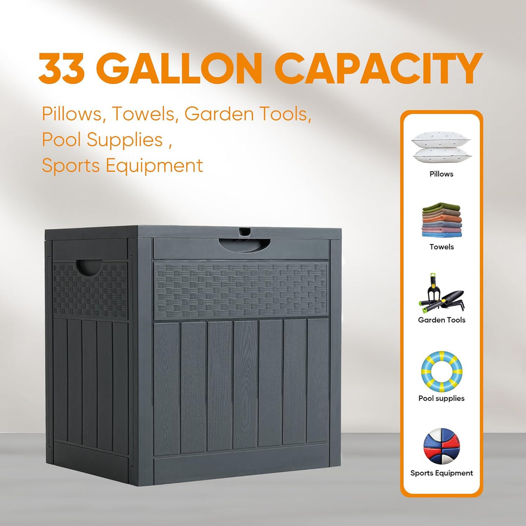 33 Gallon Resin Deck Box, Weatherproof Outdoor Storage Box for Patio, Garden, Pool, and Yard, Lockable Waterproof Bin for Tools, Cushions, and Accessories, Grey