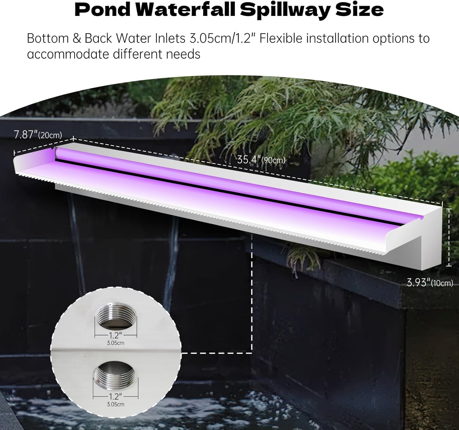 Waterfall Spillway Stainless Steel Pond Waterfalls with Color Changing LED Light, Outdoor Pool Fountain Water Feature Kit for Garden Patio Swimming Pool Koi Ponds Decor-36"x8"x4"
