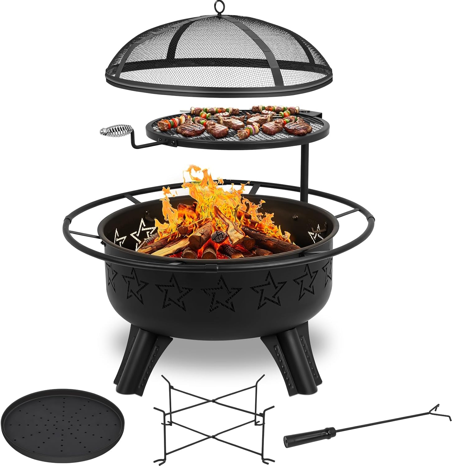 31" 2-in-1 Wood Burning Fire Pit with Swivel BBQ Grills & Spark Screen for Outside - Heavy Duty Outdoor Firepit with Charcoal Pan, Log Rack & Poker - for Backyard, Patio, Garden Bonfire