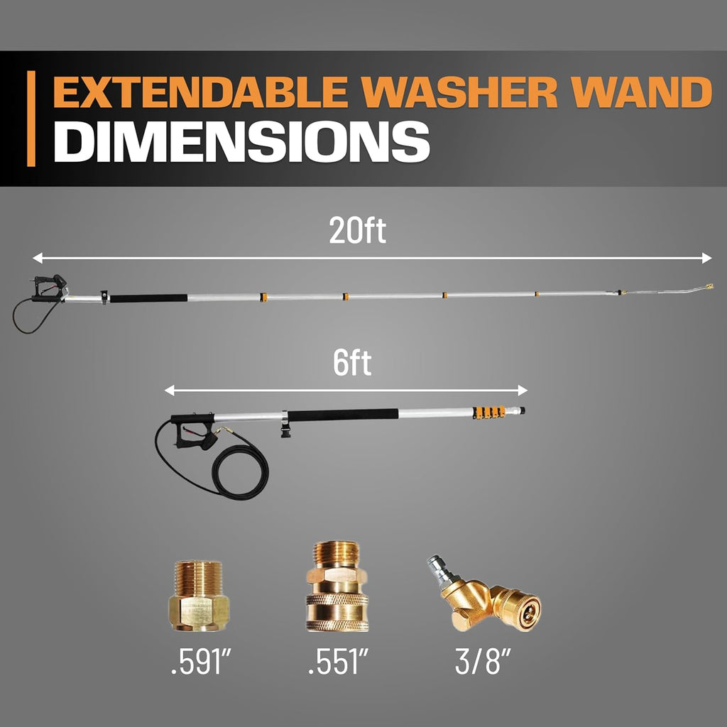 EDOU 20 ft Telescoping Pressure Washer Wand - Power Washer Gutter Cleaner Tool - 4,000 PSI Extension Pole with 1/4" Quick Connection, 5 Spray Nozzles, 2 Couplers, and Support Harness