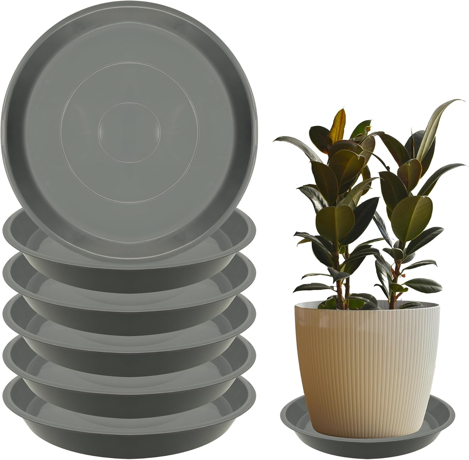6 Pack 6 Inch Round Plant Saucers for 5 Inch Pots - Indoors & Outdoors Plastic Plant Drip Trays (Gray, 6"(6pcs))