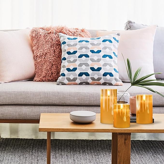 Glass Flameless Candles with Remote Timer,LED Candles Flickering Battery Operated with 3D Wick,Candle Holders Table Centerpiece Decoration for Home Wedding Birthday Festival(Gold)