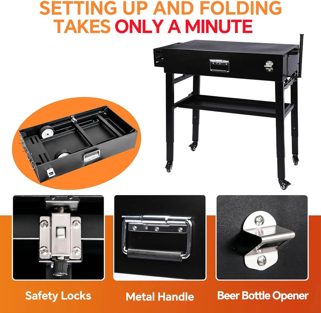 Grill Table for Ninja Woodfire OG700, Foldable Grill Cart for Blackstone, Weber, Ooni Pizza Oven, Upgraded Portable Outdoor Grill Stand, Adjustable Height, with Caddy, Paper Towel Holder, 4 Wheels