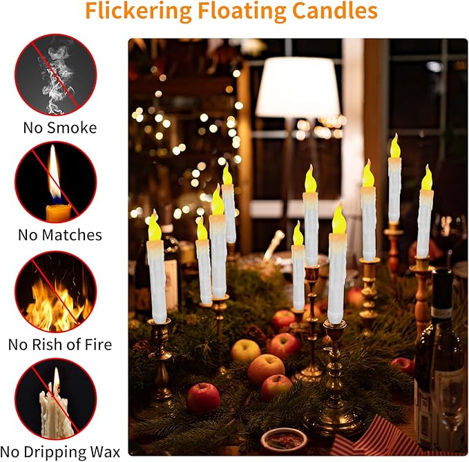12pcs Floating Candles with Wand, Magic Hanging Candles, Flameless Candles with Magic Wand Remote, Battery Operated Hanging Window Candle, 6.1" LED Electric Candles for Christmas Halloween Decorations