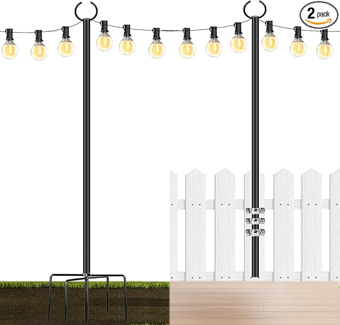 String Lights Poles Outdoor 10.3FT, 2 Pack 2 in 1 Upgraded Metal Light Poles for Hanging String Lights, Outside Lighting Stand with Hooks for Wedding, Parties, Deck, Garden, Fence Decor