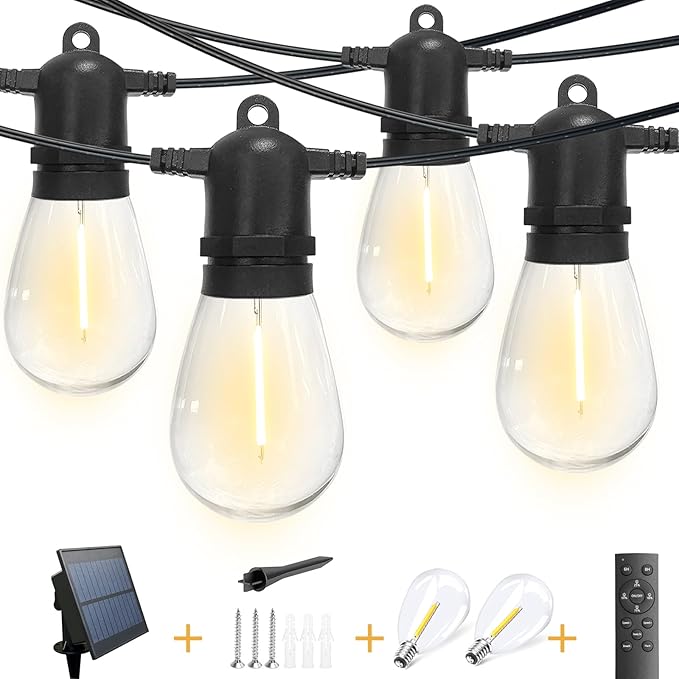 102(96+6) ft Solar String Lights Outdoor, Waterproof with USB Port Remote Control Solar Patio Lights,32 Shatterproof S14 Bulbs,1W Soft White