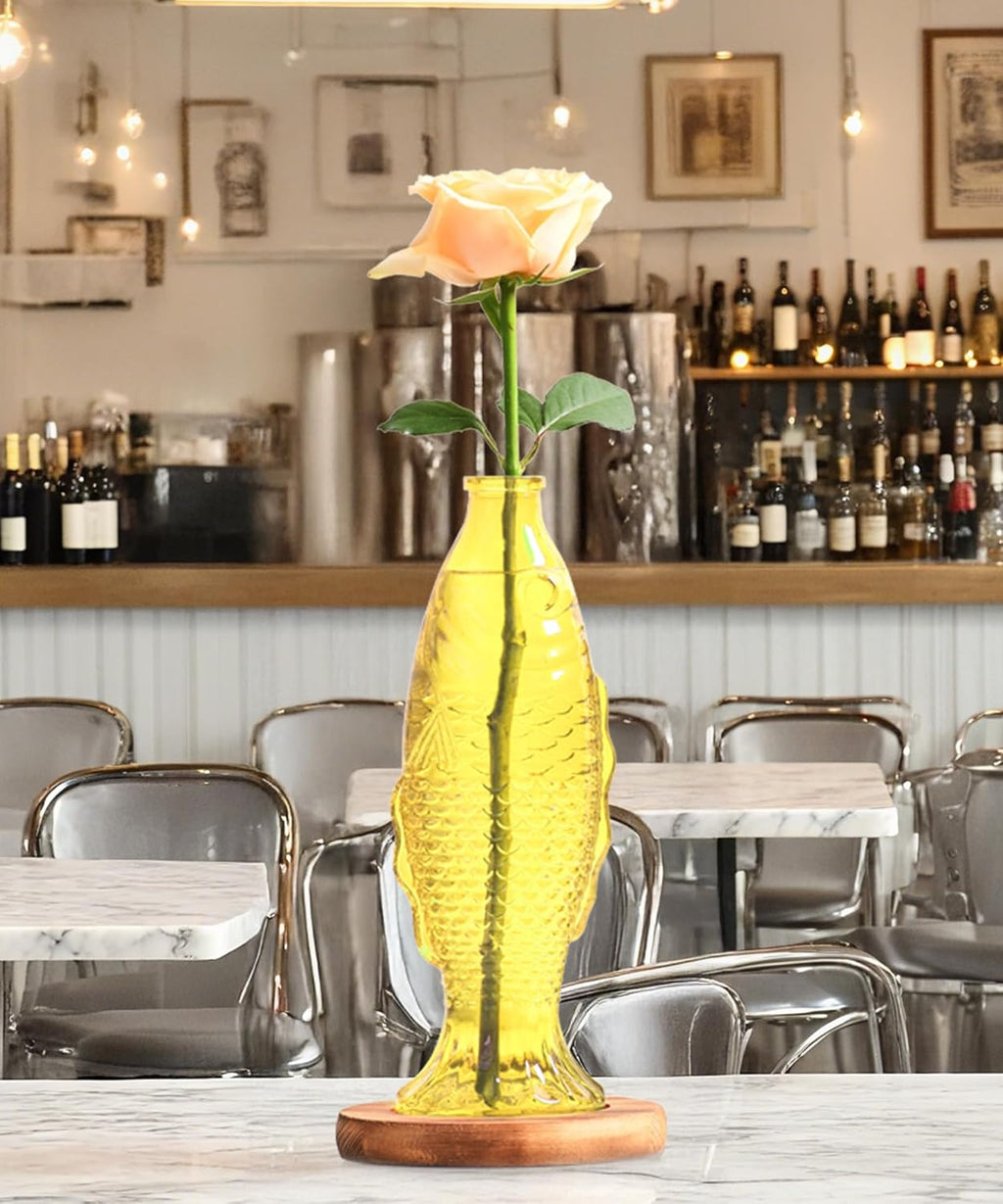 Nacome Fish Vase Glass Plant Terrarium with Wooden Stand,Planter Propagation Station for Home Office Hydroponics Desk Decoration,Unique Gardening Gifts for Plant Lovers Women Mom(Yellow)