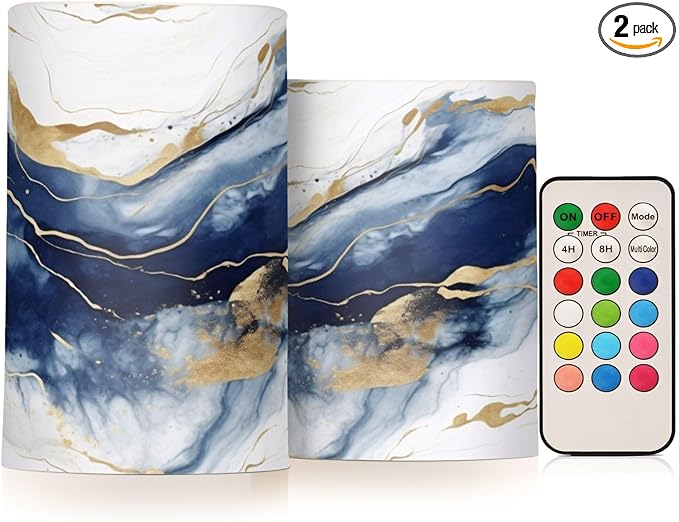 Flickering Flameless Candles, Drak Blue Golden Marble LED Candles with Remote Timer, Set of 2 Battery Operated Candle for Valentine Wedding Birthday