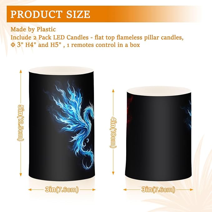 Flickering Flameless Candles, Dragon Phoenix LED Candles with Remote Timer, Set of 2 Battery Operated Candle for Valentine Wedding Birthday
