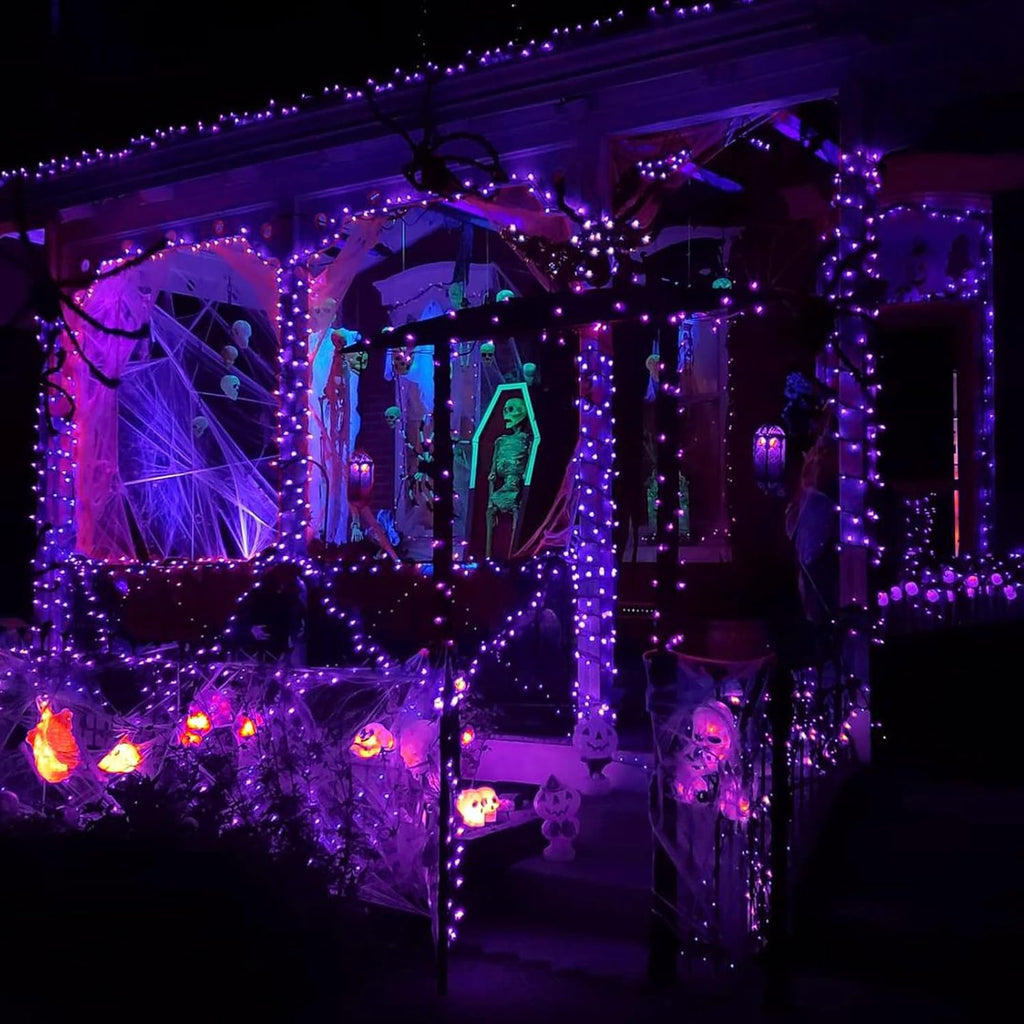 EEW 2 Pack 200 LED Solar Halloween Lights Outdoor Waterproof, Solar String Lights for Outside, Solar Powered Tree Light with 8 Lighting Modes for Xmas Party Garden Yard Halloween Decorations (Purple)